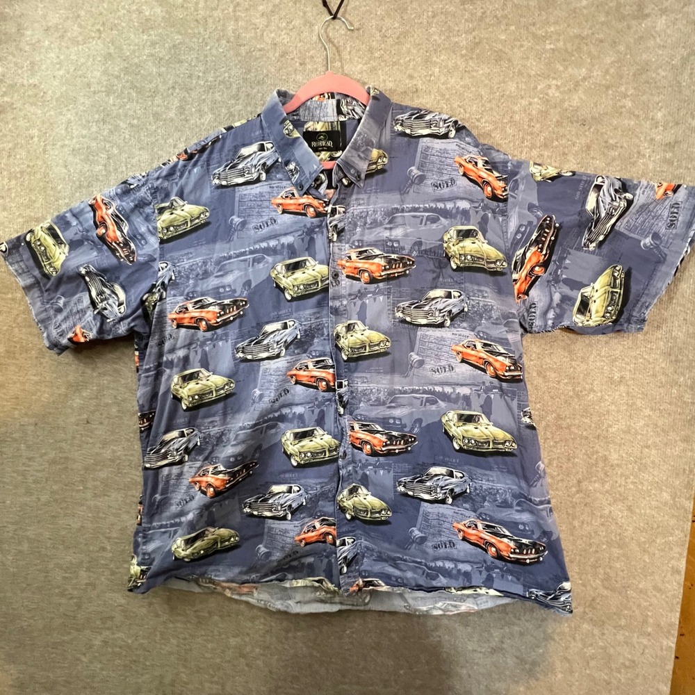 RedHead Muscle Car Shirt Men 4X Blue Hot Rod Button Up Retro Cars Dad Garage AOP